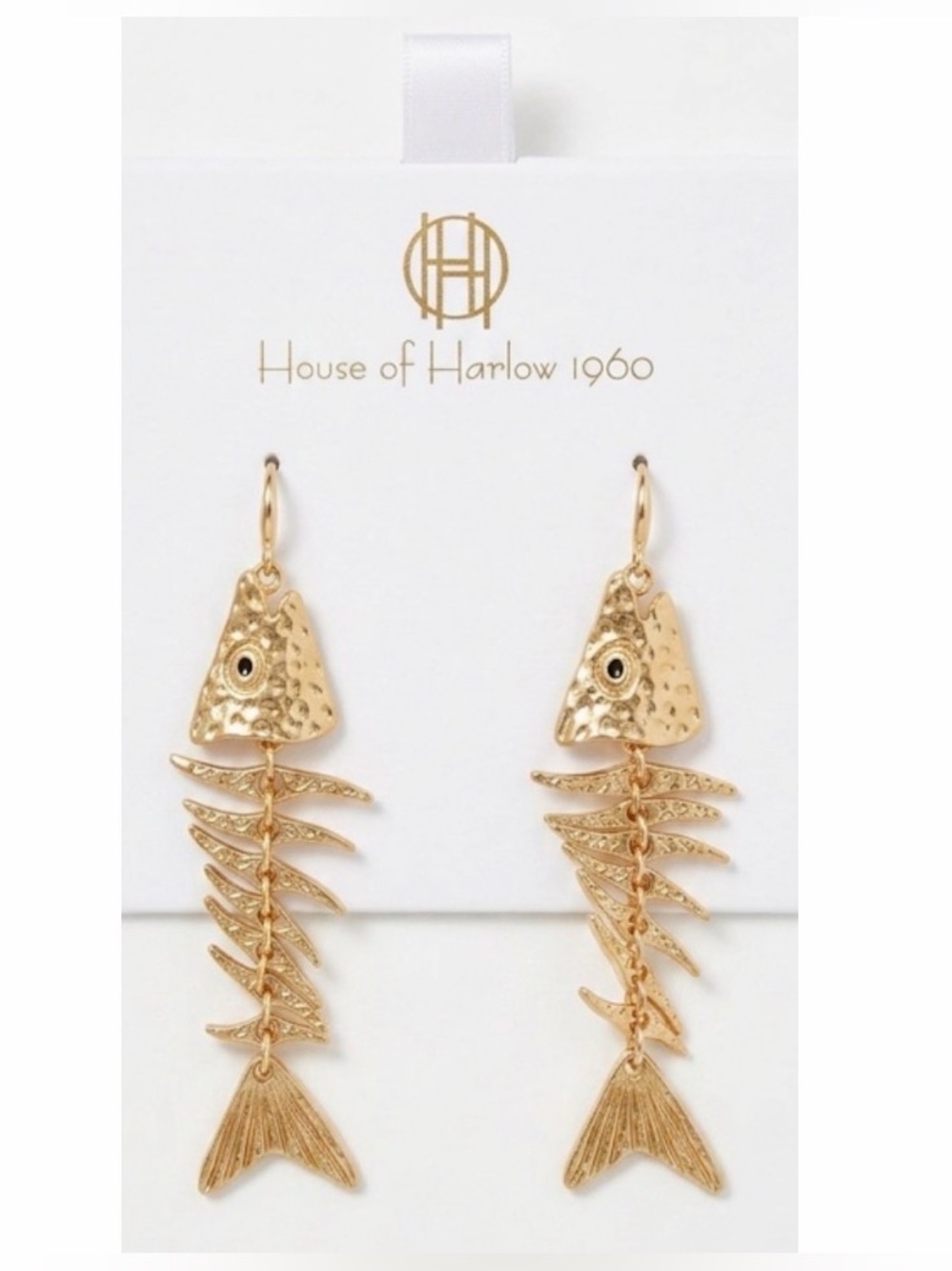 NWT ⚜️🐟⚜️ House of Harlow 1960 Gold tone Fishbone Drop Earrings